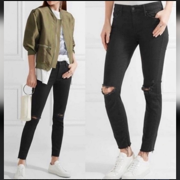 MOTHER Looker Ankle Fray Distressed Low-Rise Black Jeans - Picture 3 of 14